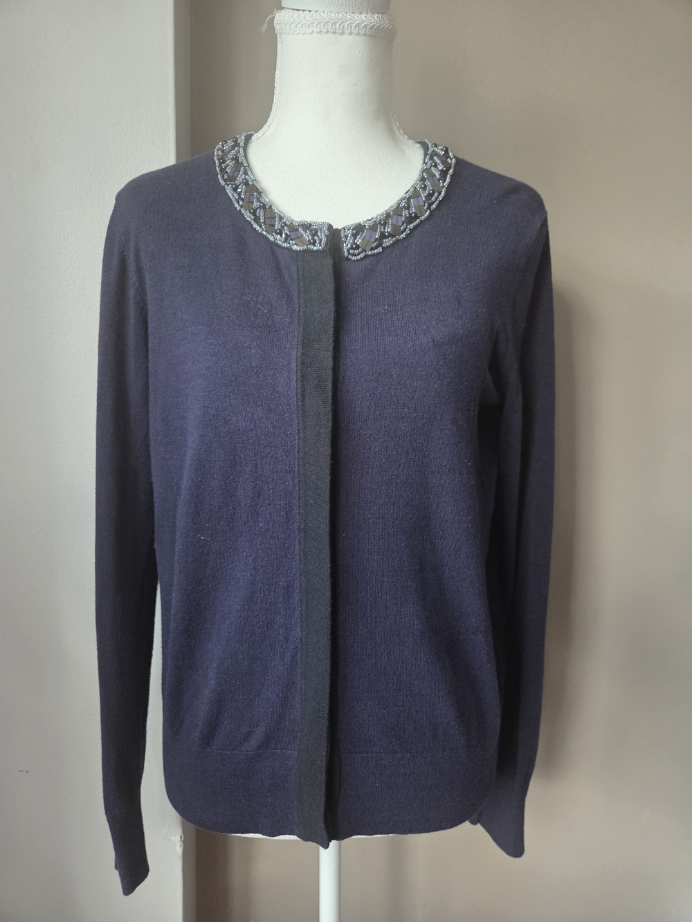 Cabi Navy Blue Embellished Beaded Collar Cardigan Sweater Size M